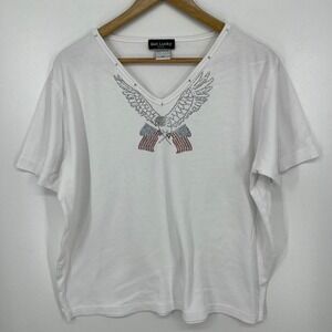 Get Lucky USA Womens White Rhinestone Eagle American Flag V-Neck T-Shirt XL